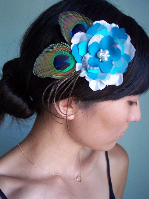 Bridal or Bridesmaid hair piece, peacock feathers, silk flower