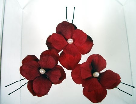 RED VELVET Set of Three Hair Pins with Soft Silk Flowers and Ivory Freshwater Pearls   FREE SHIPPING