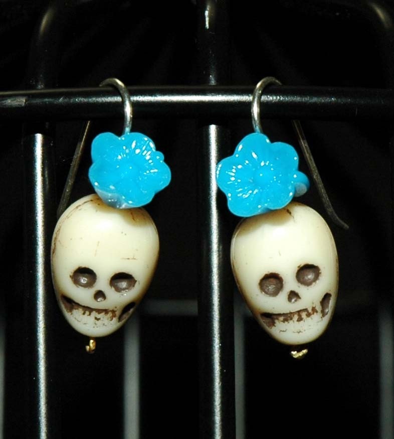 Tan and Blue Muerte Earrings