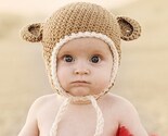 Cotton Mini Monkey Flap Hat -  Latte with Oatmeal Trim 0-6 months