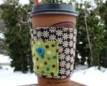 THE SQUEEZE -- Fabric Coffee Cozy Tea Sleeve -- Brown Green Flowers Dots and Button