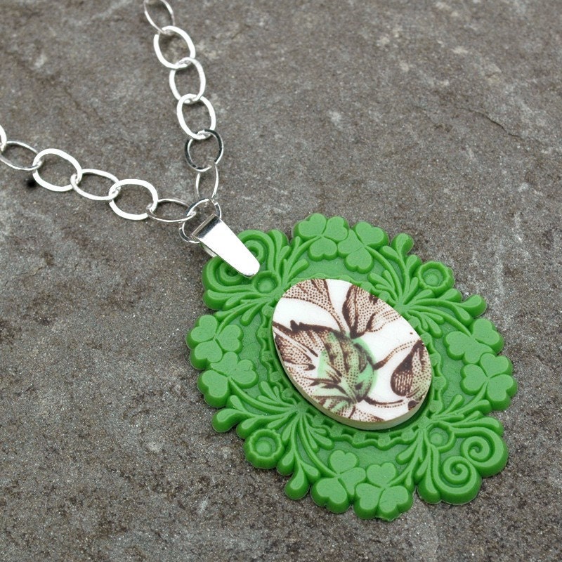 Green French Brocade Broken Plate Necklace