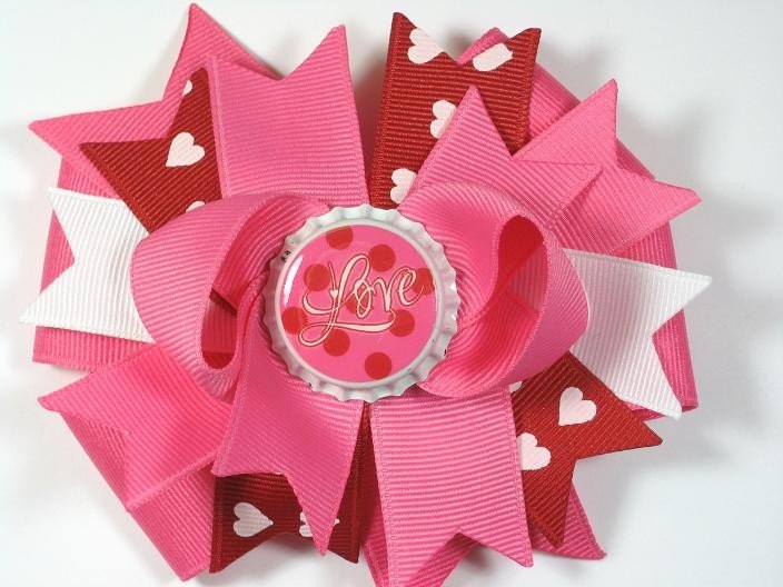 Valentines Day Bottle Cap Hair Bow Clip Boutique Red Pink Love