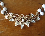Vintage White Glass Bead Necklace with Stunning Rhinestone Flower Cluster Centerpiece Pendant.