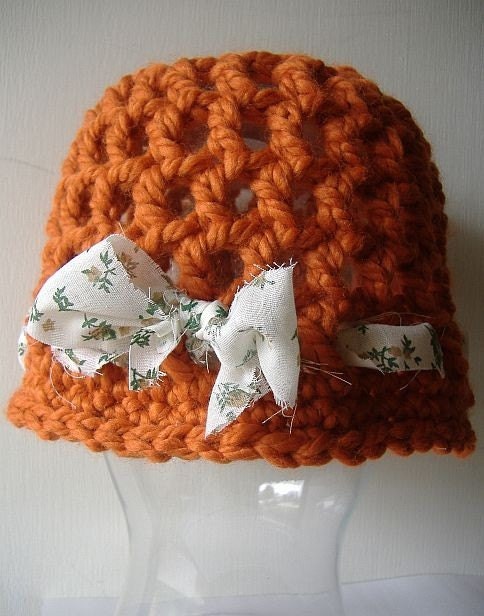 Hat - Rust Orange Beanie Cloche Cap with Cotton Fabric Ribbon - Free Shipping
