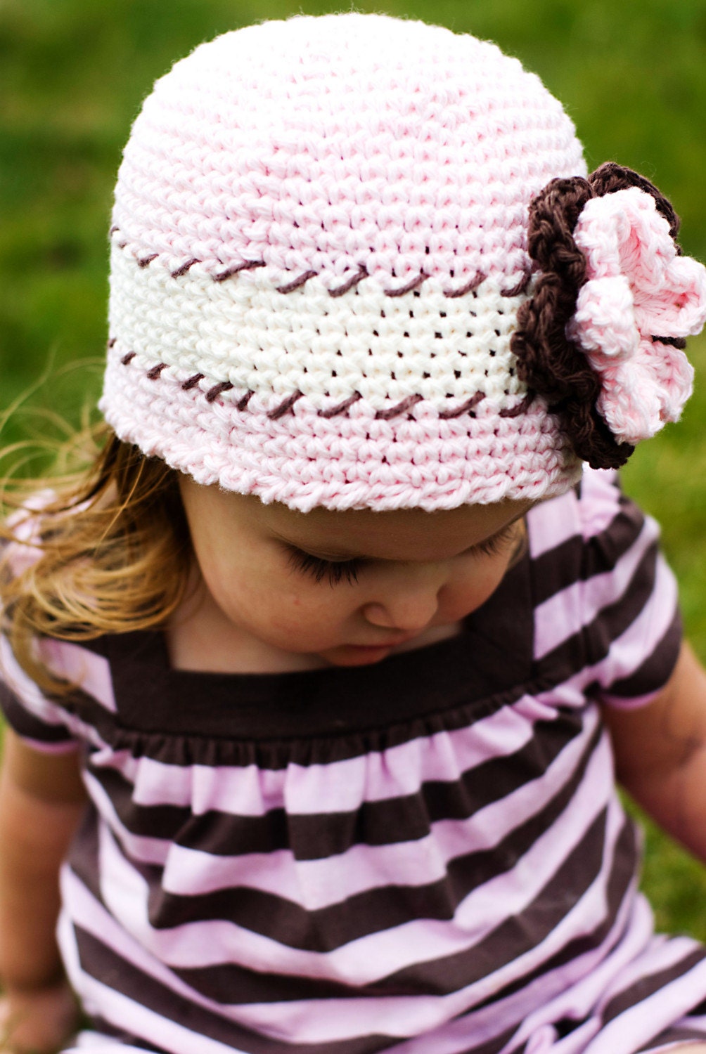 Boutique Custom Crochet Spring Neopolitan Cloche Hat, Strawberry Pink, Vanilla Cream and Chocolate Brown