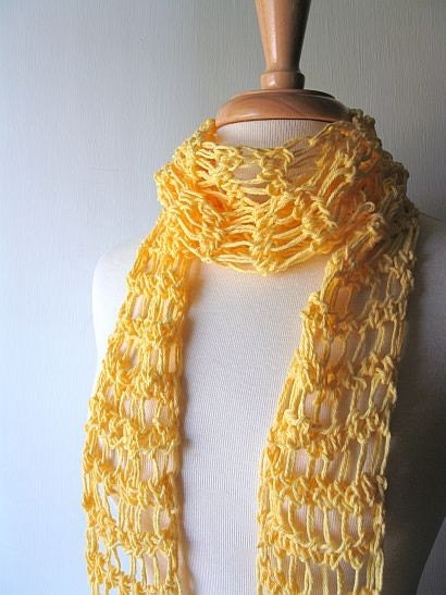 Cotton Scarf - Lemon Yellow Spring Summer Lightweight Crochet Scarf - Free Shipping