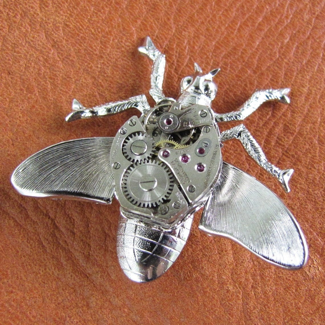 Steampunk Insect - Flying Silver Wasp Pin with Antique Watch Movement