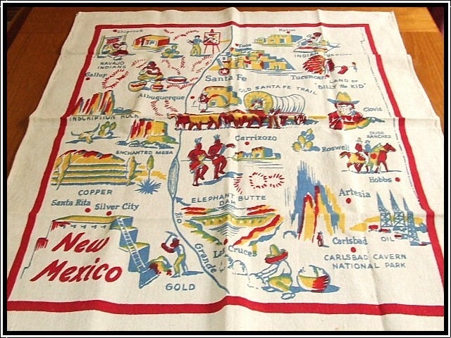 NEW MEXICO  STATE MAP SOUVENIR TABLECLOTH CACTUS CLOTH HTF RARE//  FREE SHIPPING