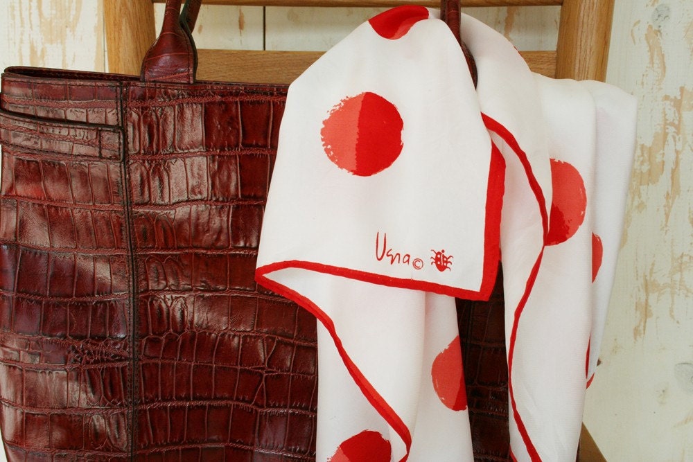 Lovely white Vera ladybug scarf with two tone red jumbo polka dots