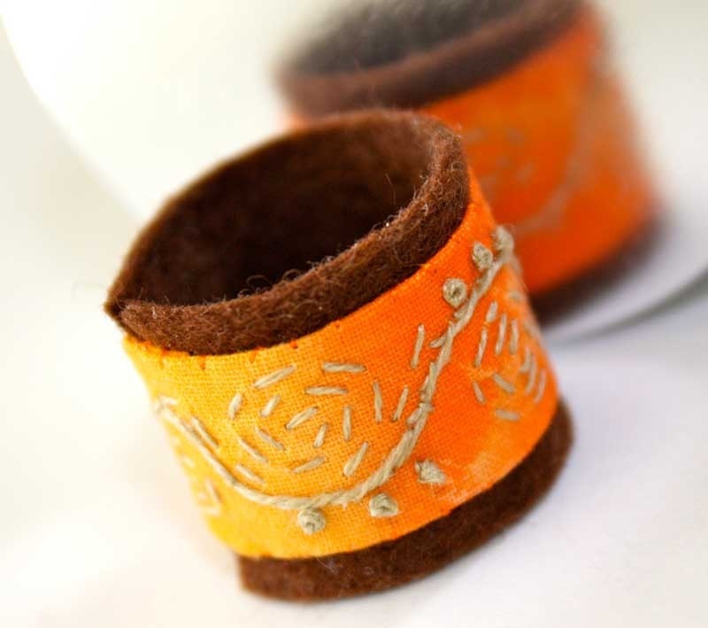 Hand Embroidered Stitched Embroidery Textile RIng Orange Swirl