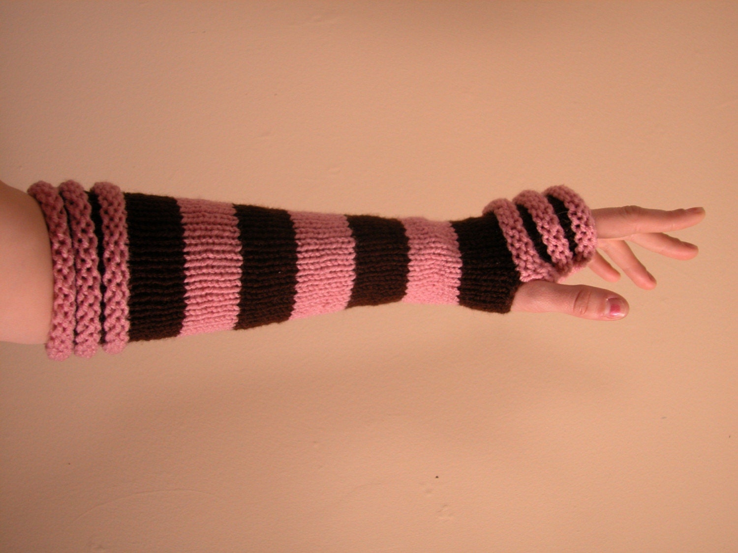 Pink 
and Chocolate Brown Arm Warmers / Fingerless Gloves