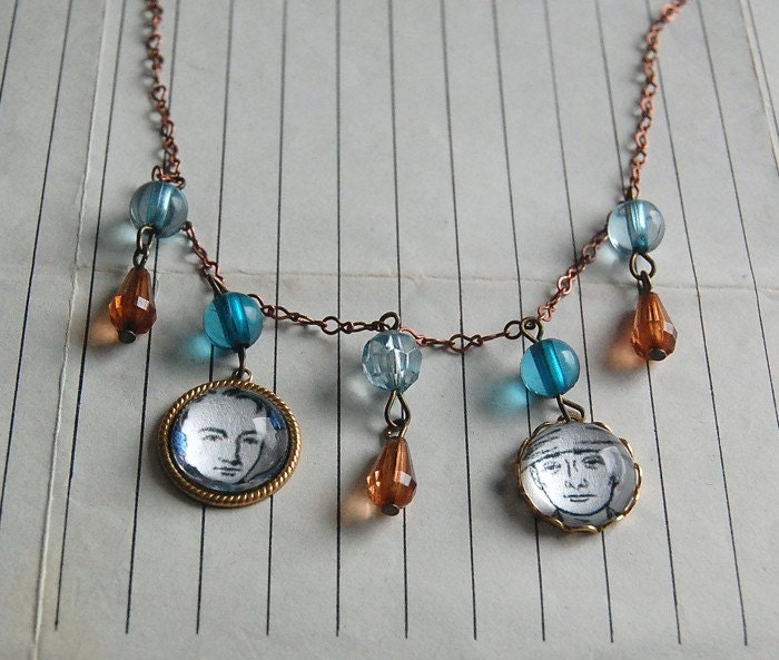 Unique Little Man Necklace on Copper Chain With Vintage Illustrations and Blue and Brown Beads.