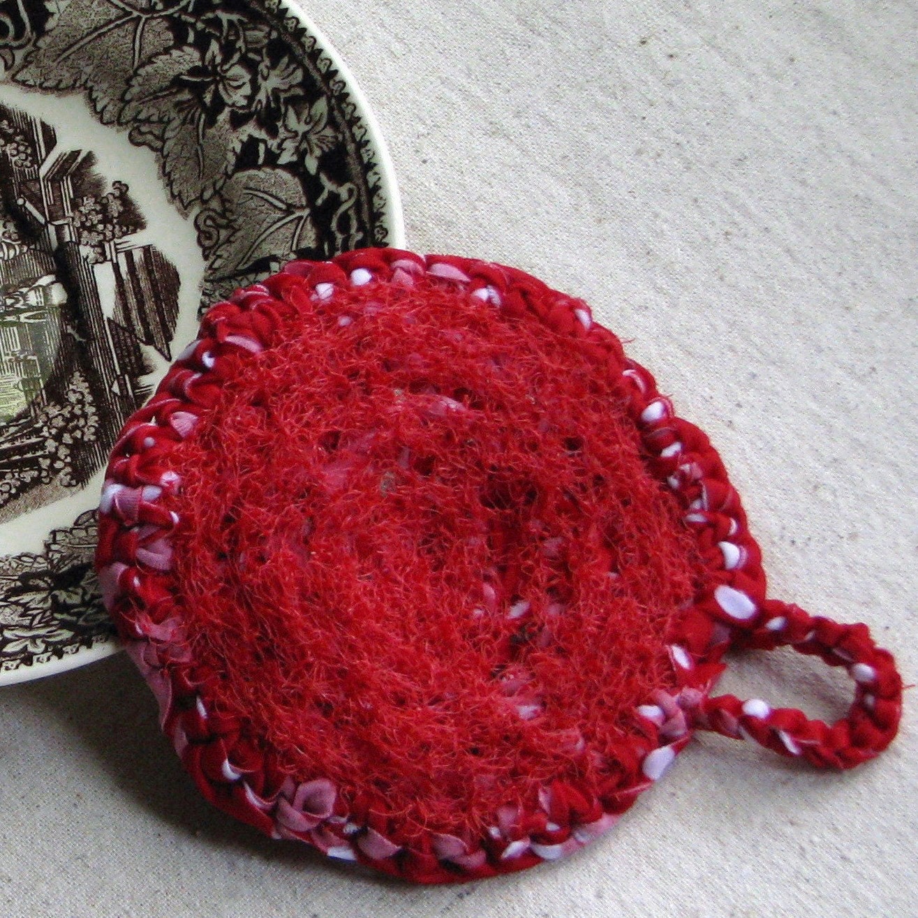 Dish scrubby - makes great hostess gift, crocheted from eco friendly repurposed nylon, speckled red