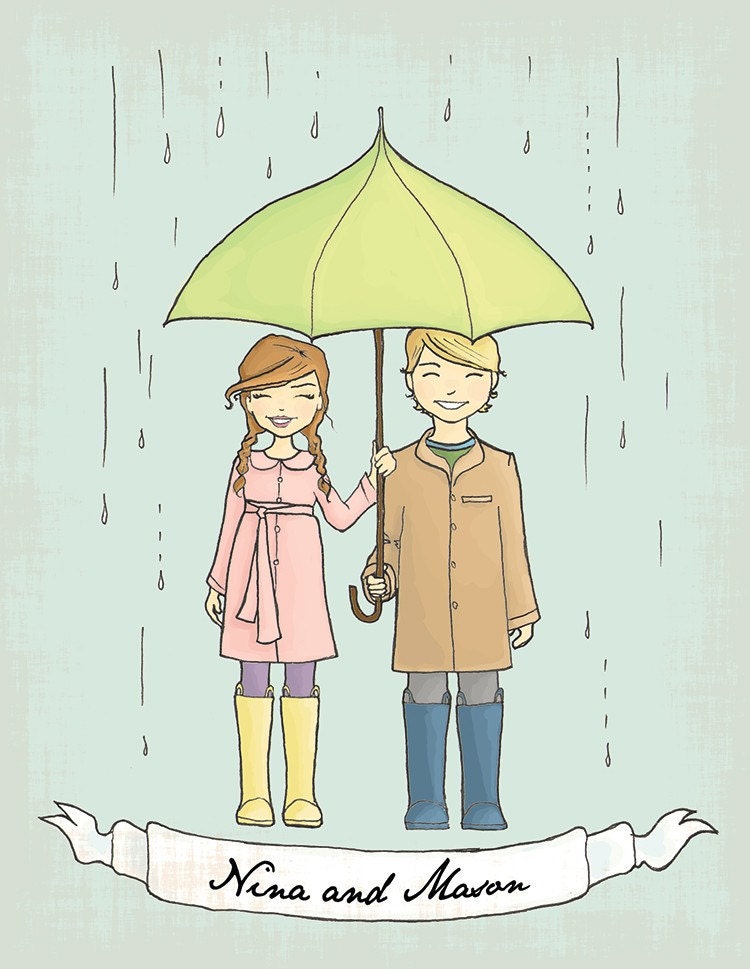 Illustrated Vintage Inspired Retro Umbrella Save the Date Cards.Hand Drawn. FEATURED ON ETSY FRONT PAGE