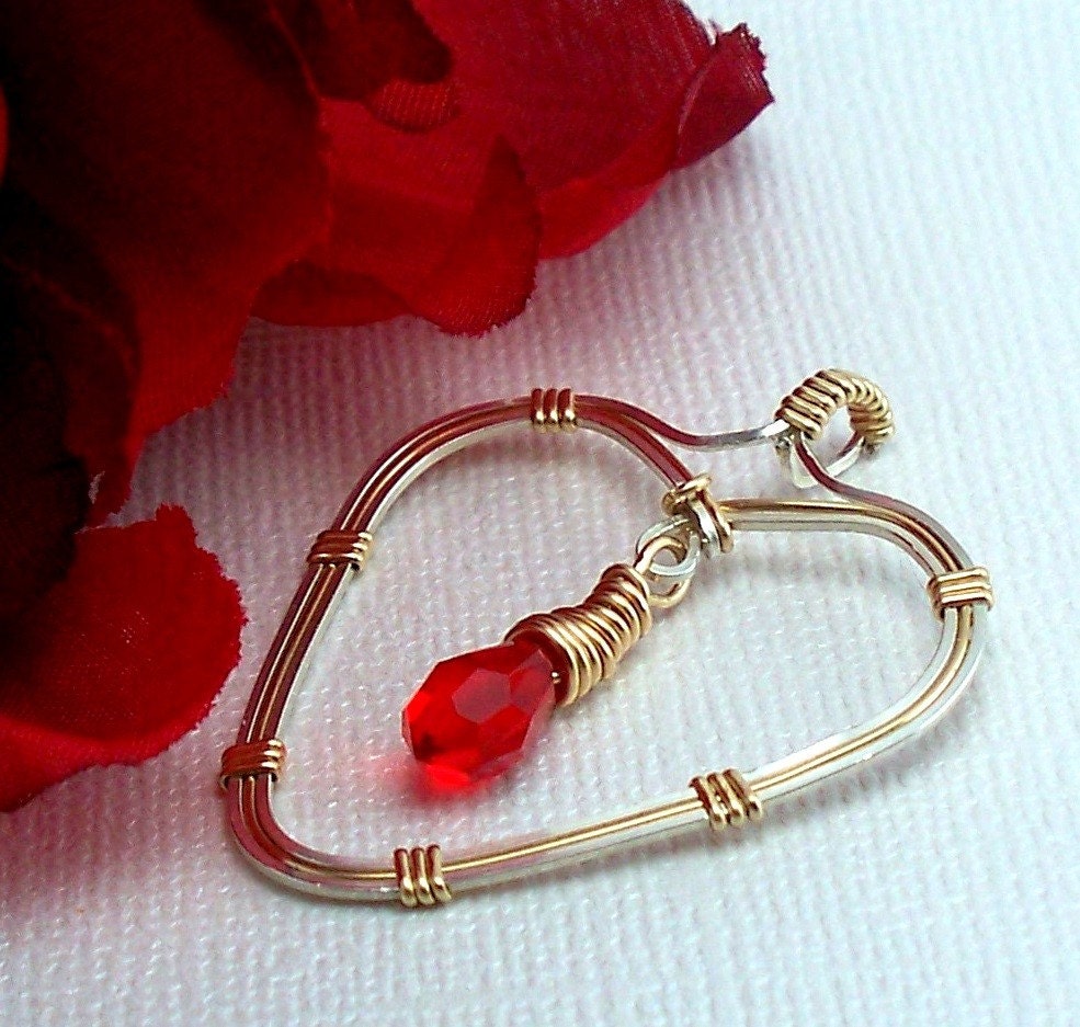 Handcrafted Ruby Red Swarovski Crystal Heart Pendant Wire Wrapped