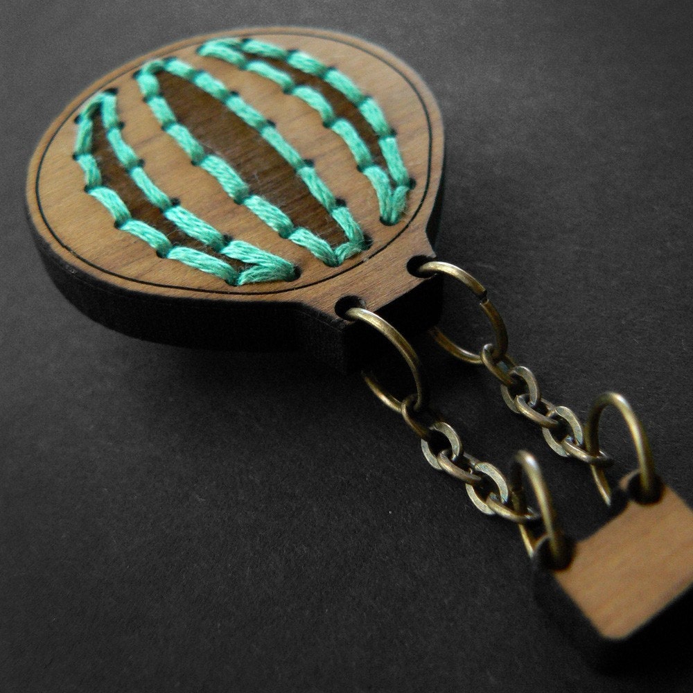 Wooden Hot Air Balloon Brooch with aqua stitching