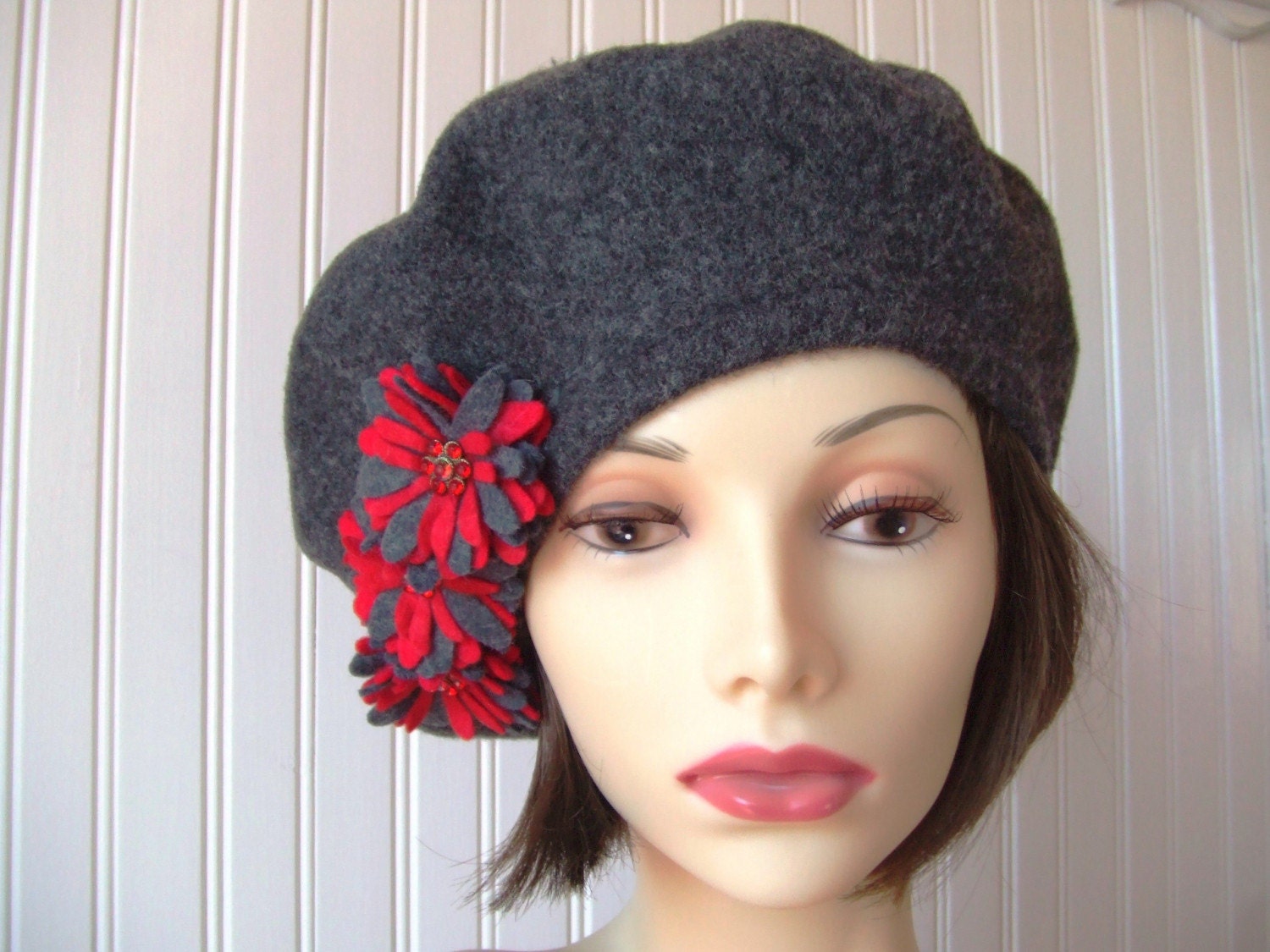 Charcoal Grey Wool Beret with Ruby Red Flower Brooches
