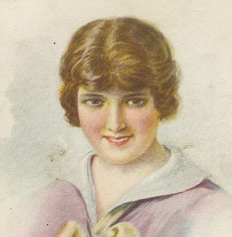 SALE-Yellow Ribbon, Antique Italian postcard, painting of a lady, paper ephemera.