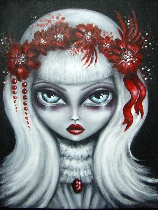 BIANCA big eye gothic victorian blond girl in white dress ruby red flowers NINA FRIDAY PRINT