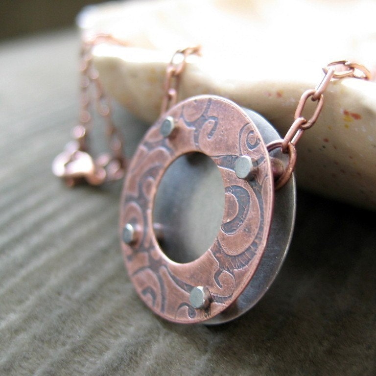Cinnamon Streusel Bagel - etched copper necklace