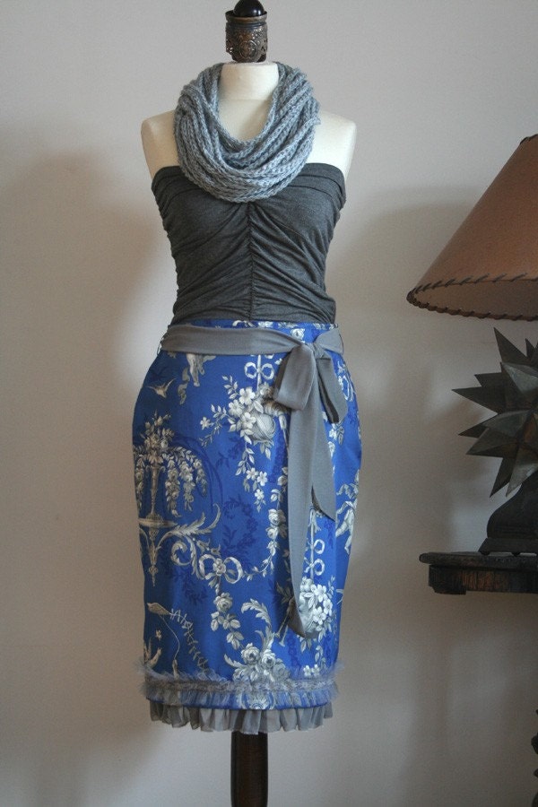 BLUE MOON in PENCIL SKIRT ELECTRIC BLUE TOILE with greys and creams RUFFLES AND LACE