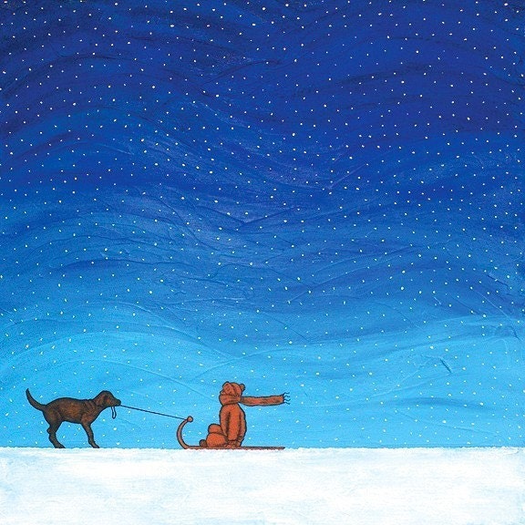 Sale - Simpler Times - dog pulling boy in the snow Art Print - 'LETS GO' - by Robert David Bretz