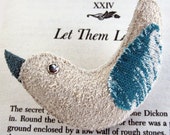 Lark Bird Plush Brooch Pin in Winter White and Teal Suede