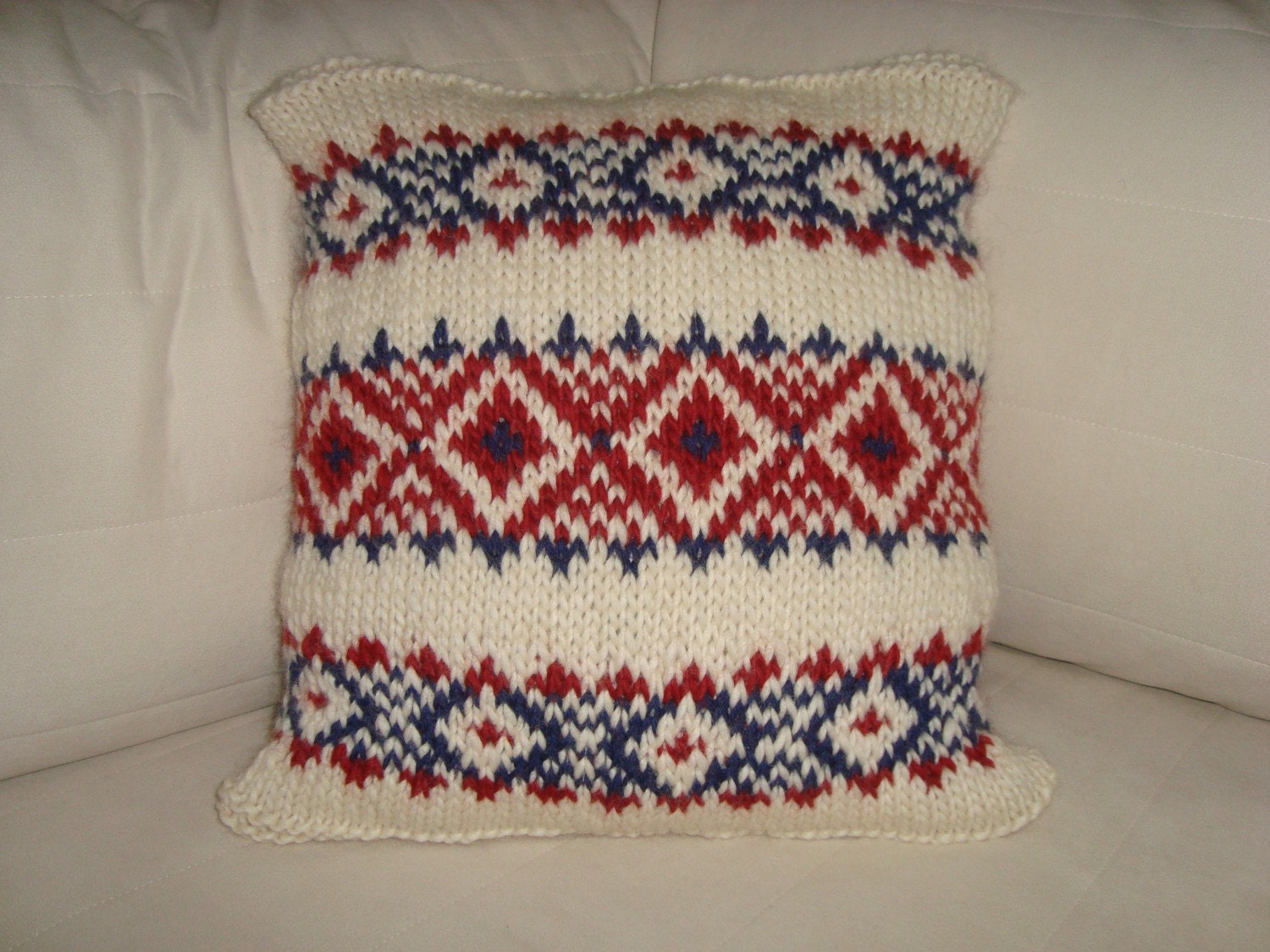 Hand Knitted Pillow Case in deep navy red and cream norwegian rug patterned