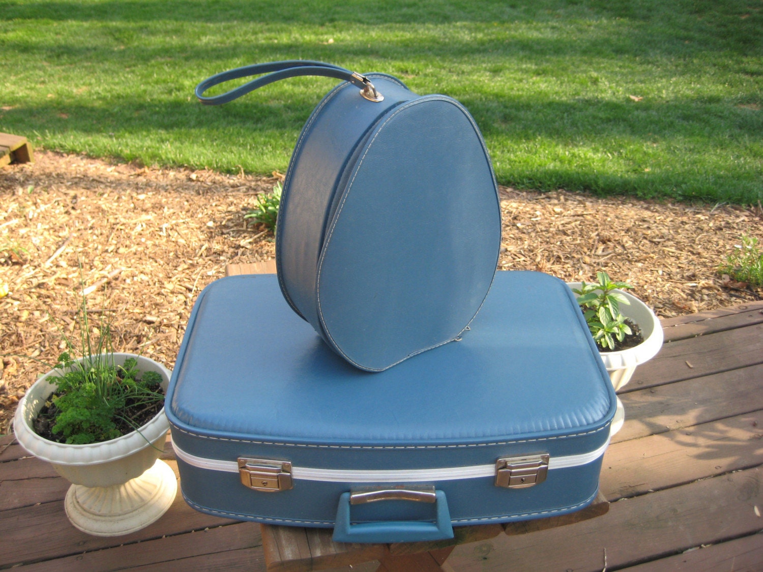 Vintage Blue Luggage Set / Suitcase and Shoe Bag or Wig Box