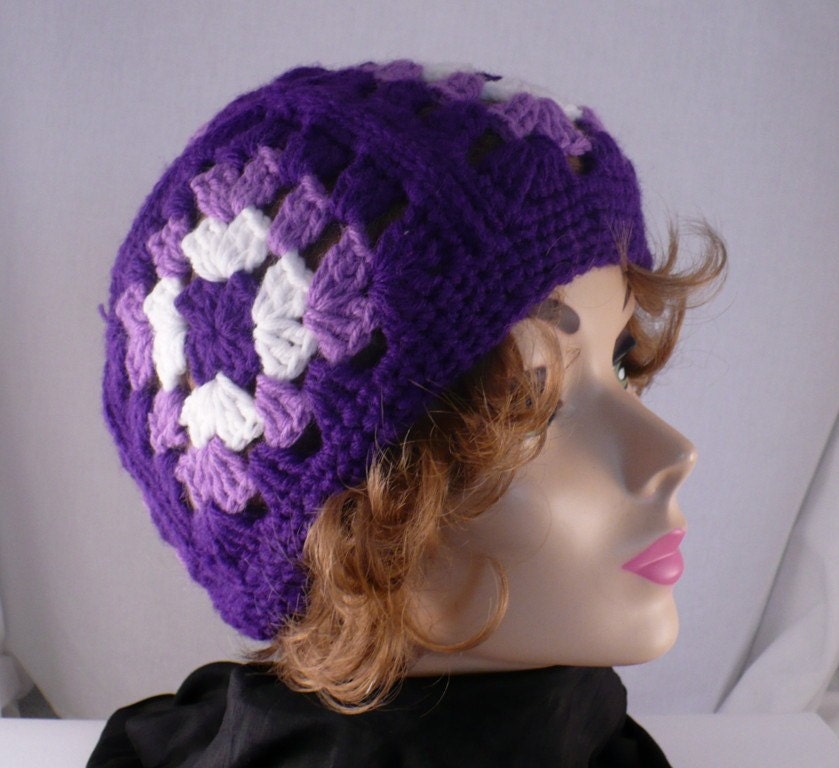 60's Vintage Purple Hand Crocheted  Granny Squares Winter Skull Cap Hat 1960's