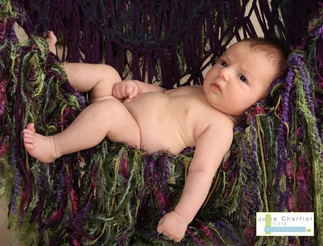 Fringed, Baby Blanket Hammock Sling Photo Prop, Purple and Green (or You Choose Colors) with Long Tassels, Julie Chartier Artiste Photographe
