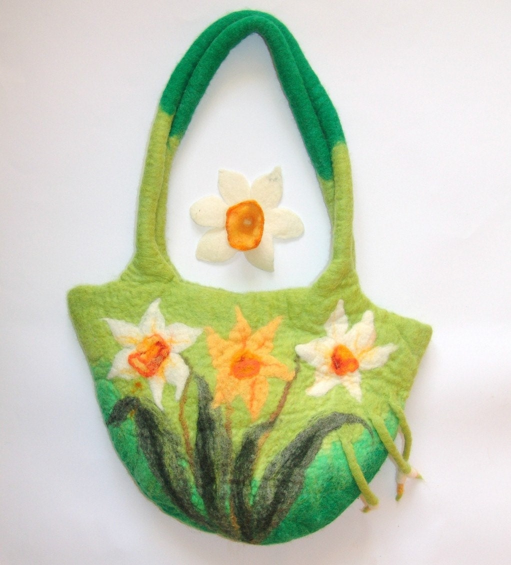 Felted handbag with flower brooch  daffodil