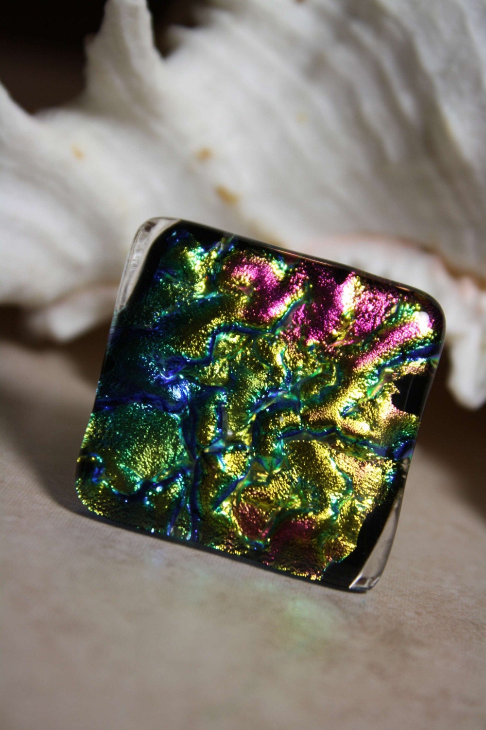 Fusion of Color Dichroic Glass Mega Chunky Ring