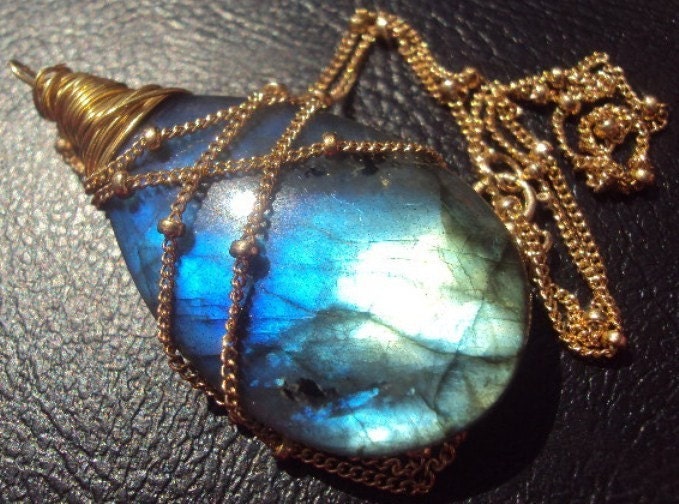 NIGHT TIME...Extreme Blue, Purple, Green Fire XL Labradorite Pear Briolette Pendant and Gold-filled Necklace