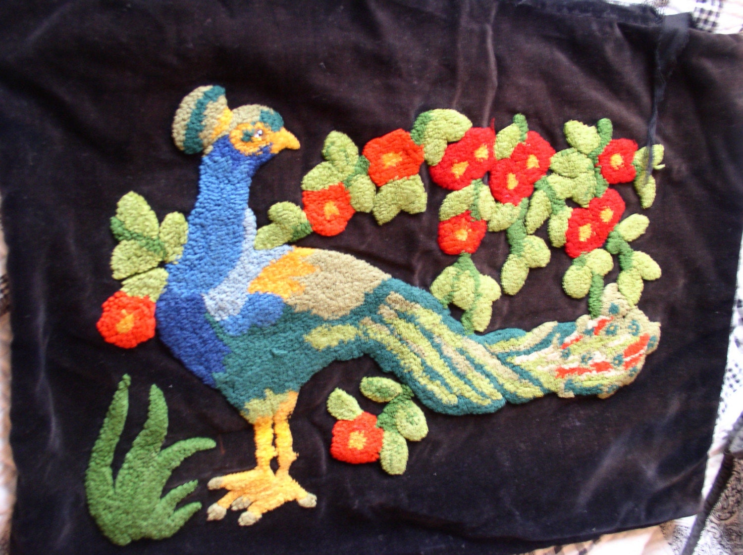 Rescued Vintage embroidered Crewel work pillow Peacock on Black Velvet with Roses