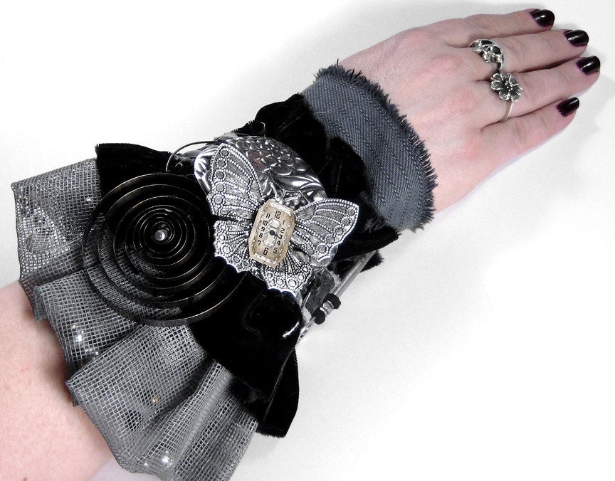 Steampunk Cuff - Vintage Textile Art Wrist Cuff - Neo Victorian BLACK VELVET, LEATHER - GRAY MESH WITH PEARLS - BUTTERFLY, COILS, KEY, Etc...Focals - One of a Kind Adjustable KNOCKOUT GOTHIC LOOK - TOO COOL....NEW WEARABLE ART Exclusively by edmdesigns