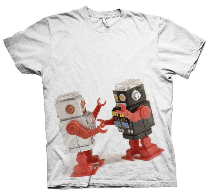 Fighting Robots White - Artsy Custom Screen Printed Shirt S,M,L,XL
