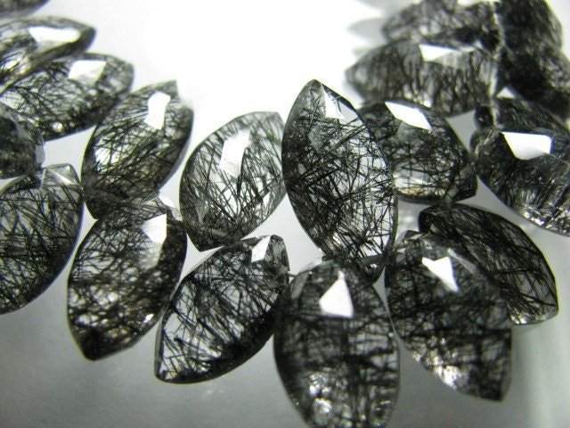 8 Inches - Full Strand - Rare --AAAAAA-- Top Quality Eye Clean Black Rutilated Quartz Faceted Marquise Briolettes -Size -15-12 Approx