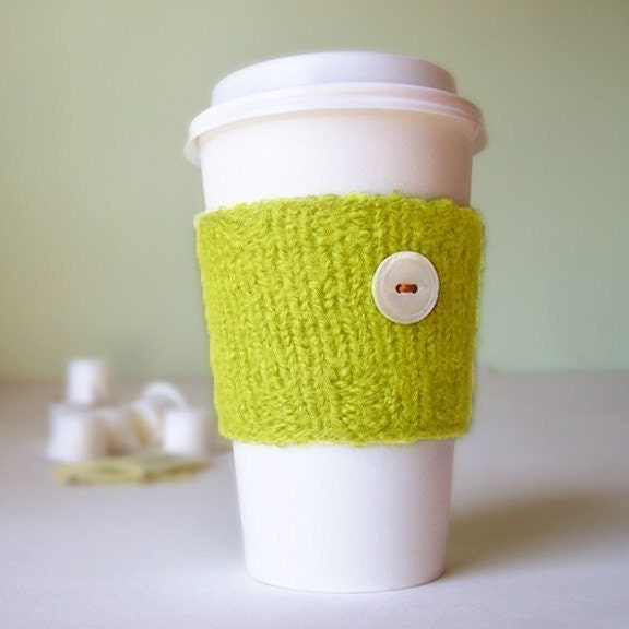 Cup 
Cozy - Knitted and lightly felted, in Chartreuse