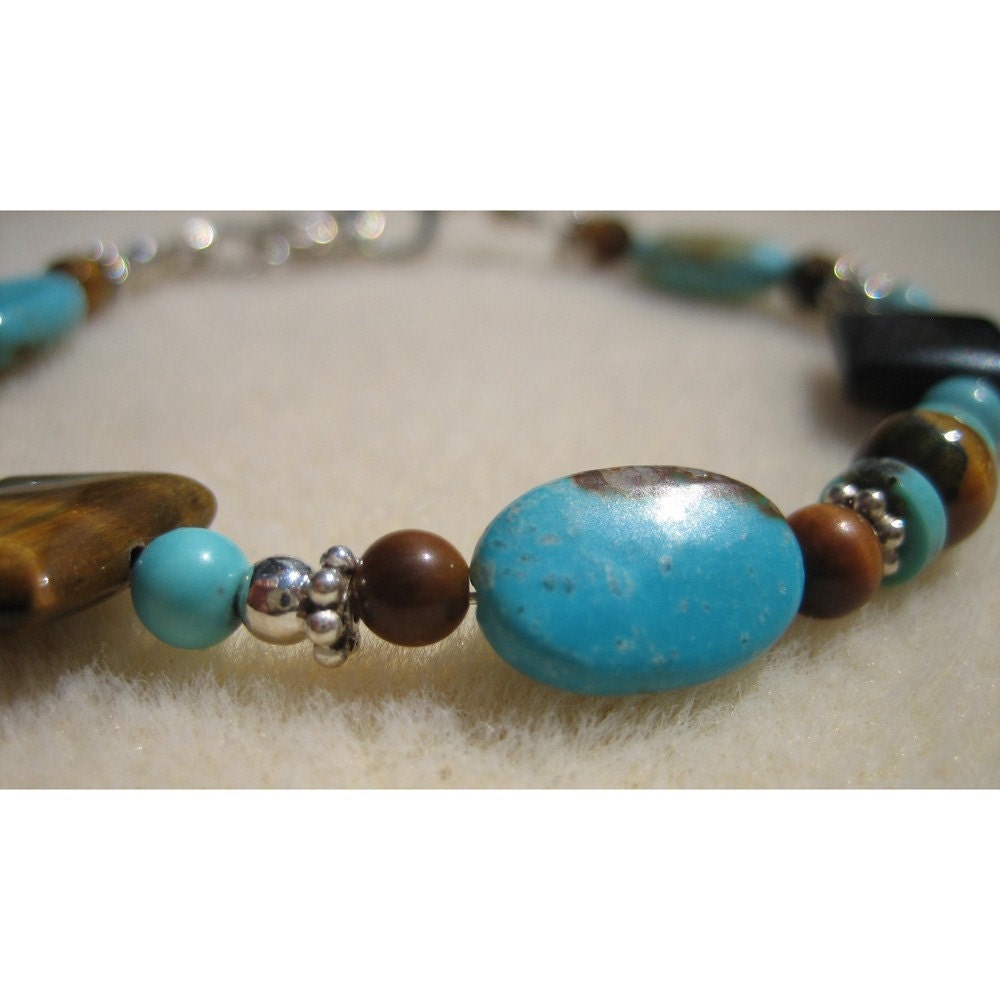 Turquoise, Tigers Eye Bead and Sterling Silver Bracelet