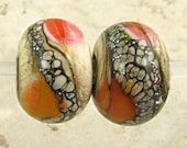 Soft Fire Velvet - 11x7mm Etched Lipstick Red, Apricot, and Ivory Glass Lampwork Bead Pair (2 Beads)