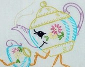 Momma Teapot and Her Little Teacup Hand-Embroidered Tea Towel/Dishtowel