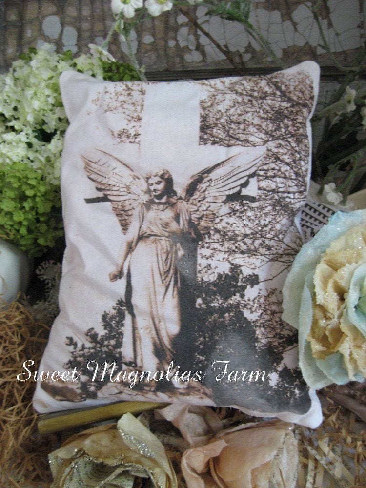 SALE ...Farmhouse Romance ..Angel and CrossGarden Statuary Pillow