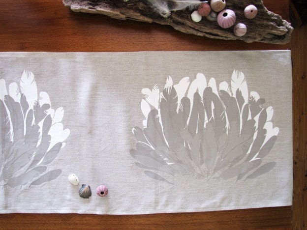 Feather Table Runner Length 1.8m Linen screen printed off white taupe grey taupe