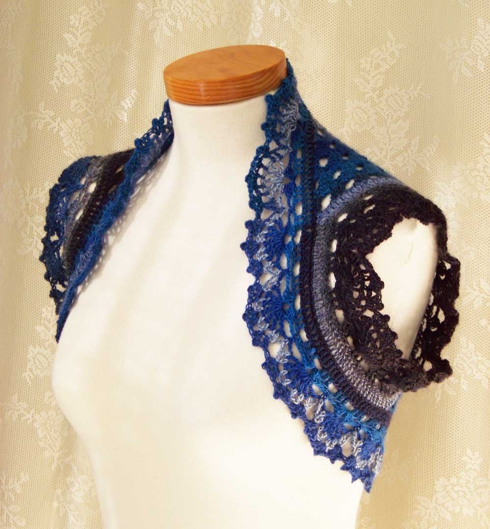 Shades of blue wool crochet shrug/vest