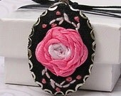 Pendant - Ribbon Embroidered Pink Rose