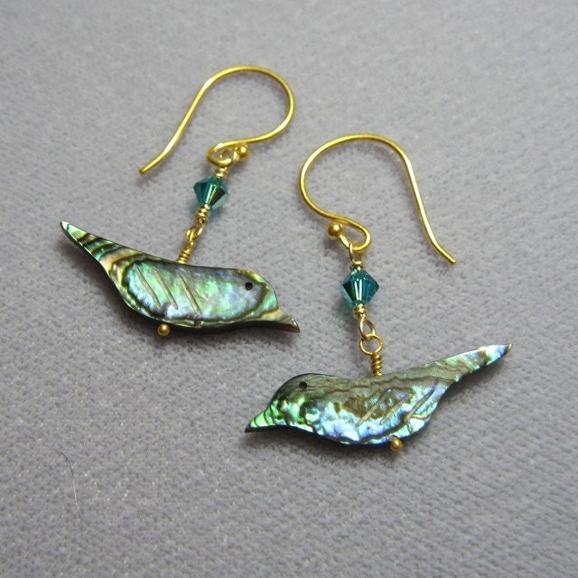 Shiny bird earrings - paua shell and turquoise crystals on 22k gold plated sterling silver earwires