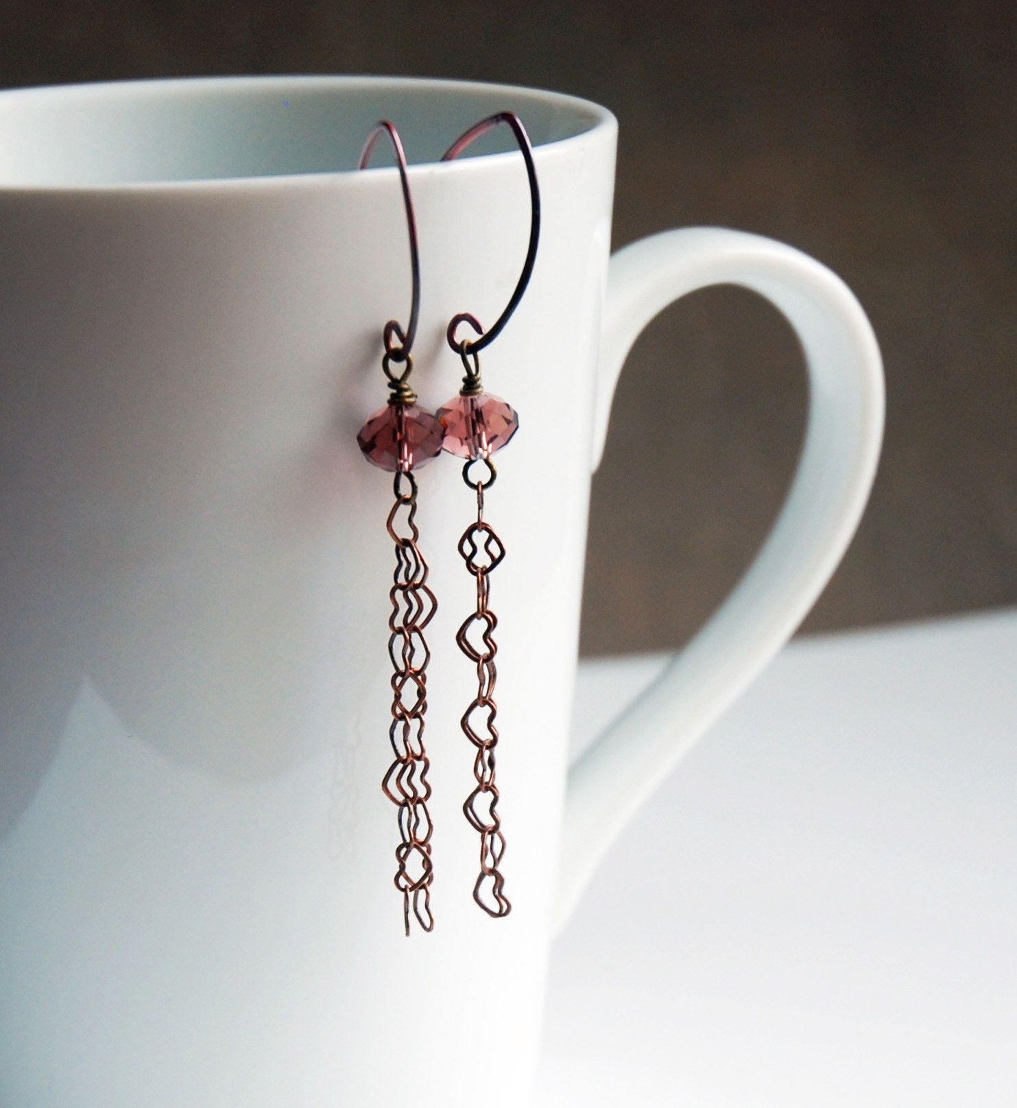Copper Falls hearts and plum crystal  earrings