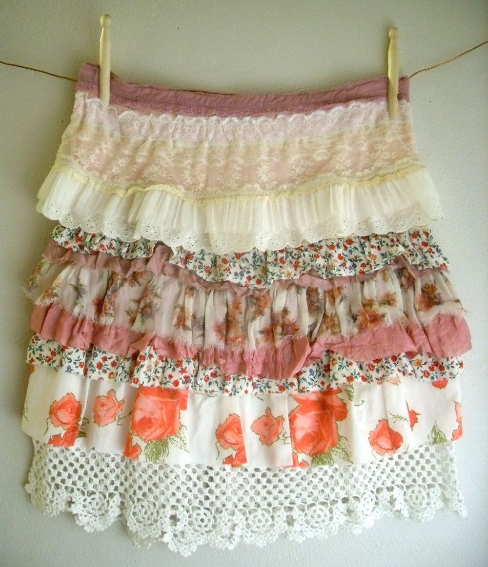 Layered Ruffled Skirt Boho Reconstructed  from Vintage Rose Print Fabrics